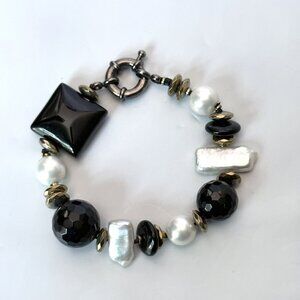 Black Faceted Glass Beads, Faux Pearls, Mother of Pearl, Gold Tone Spacers 7"